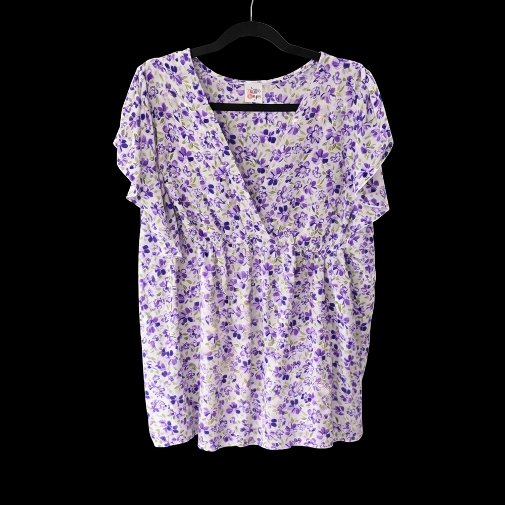 ZigZag Stripe | Purple Floral Ruffle Sleeve‎ Babydoll Top | XXL